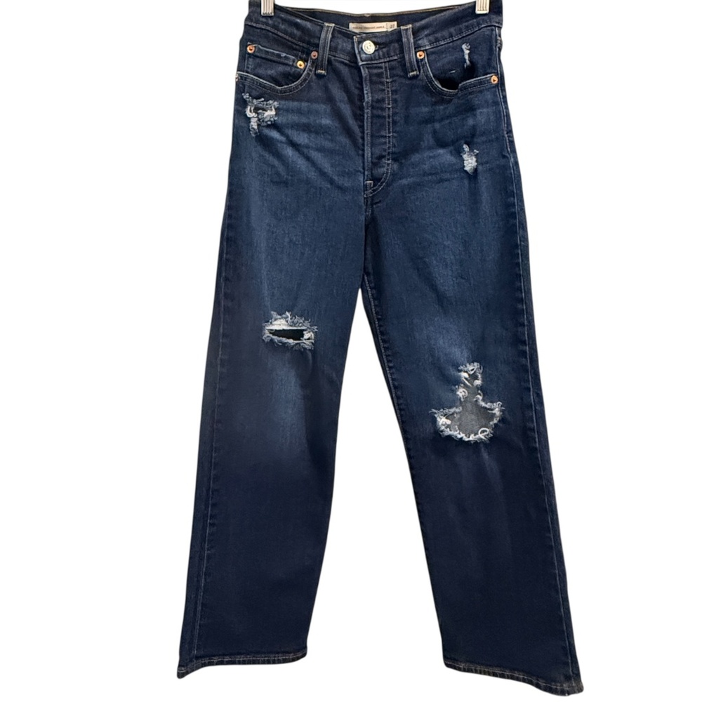 27x27 Levi's Ribcage Straight Ankle Distressed Stretch Dark Rinse Jean